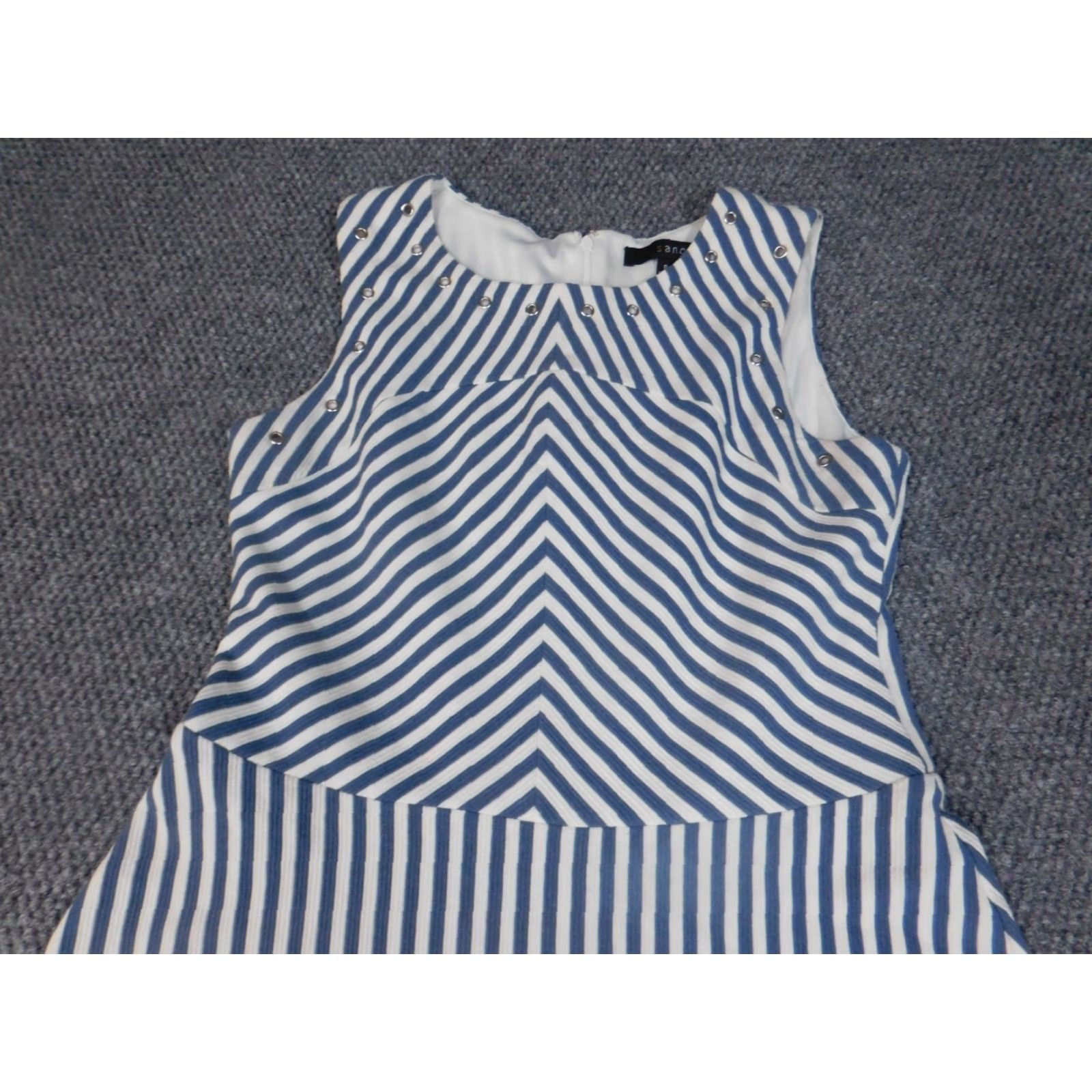 Vintage Sangria Dress Womens A-Line Knee Length Blue Stripe Knit Cotton Mock Neck Puff Sleeve Zip Casual 8 8 Womens Size M / US 6-8 / IT 42-44 - 3 Thumbnail