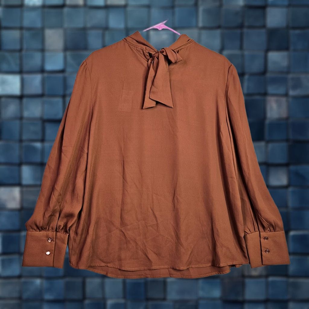 Adrianna Papell Adrianna Papell Women's Blouse L Brown Solid Twisted Collar NWT Crew Neck Long Sleeve Regular Polyester Shirt Size L / US 10 / IT 46 - 1 Thumbnail