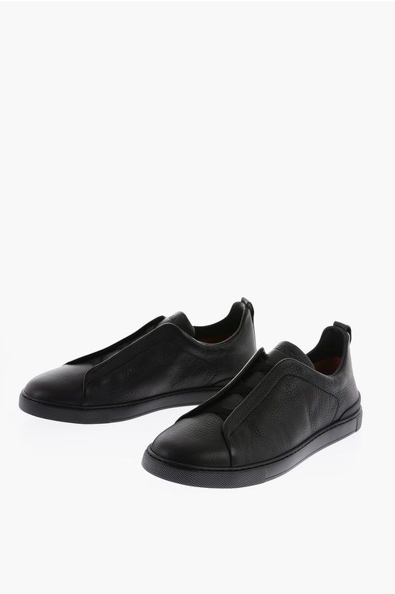 image of Ermenegildo Zegna Textured Leather Triple Stitch Sneakers in Black, Men's (Size 11)