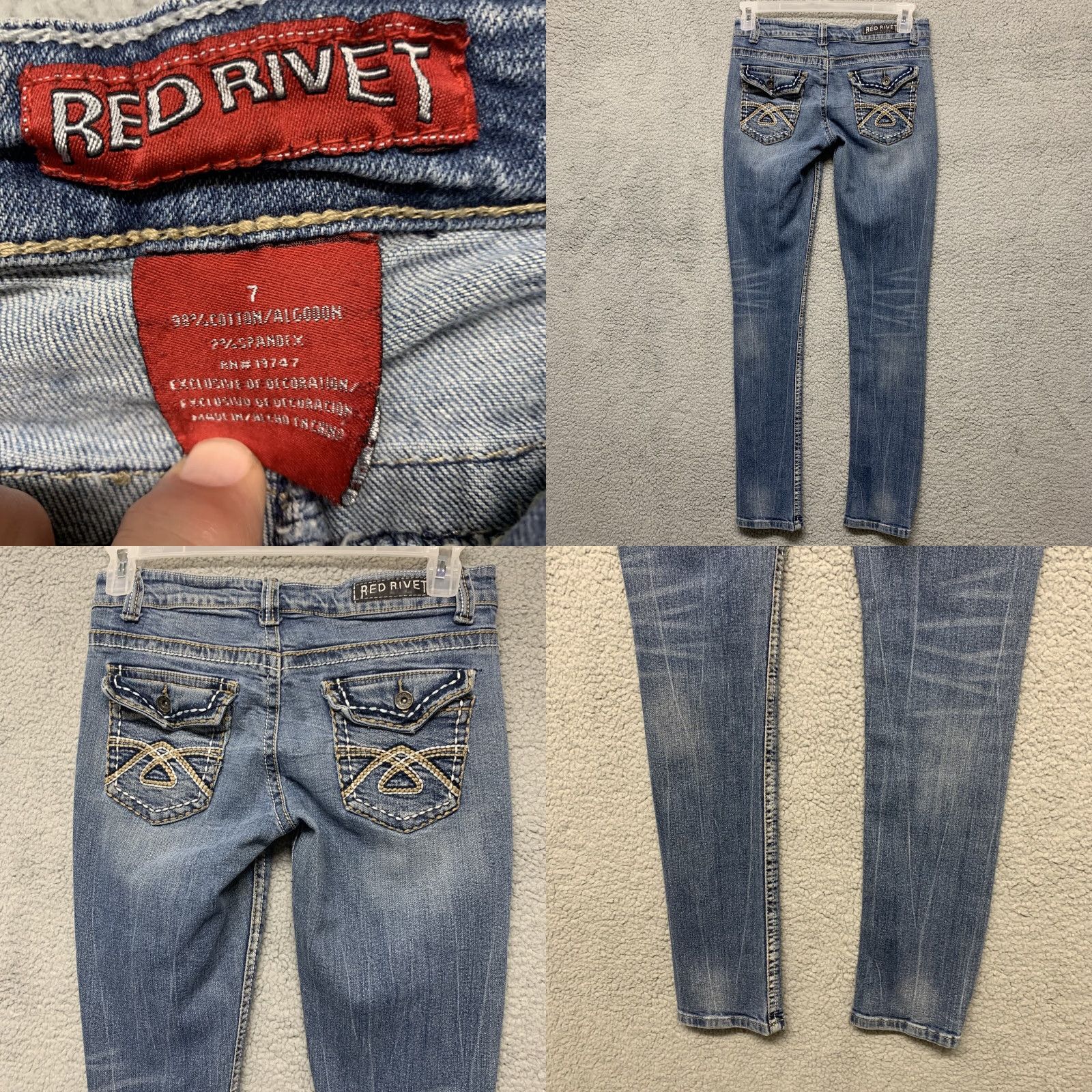 Denime Red Rivet Jeans Women’s 7 Blue Low Rise Skinny Denim Pockets Embroidered Flap 5-Pocket Size 28" / US 6 / IT 42 - 8 Thumbnail