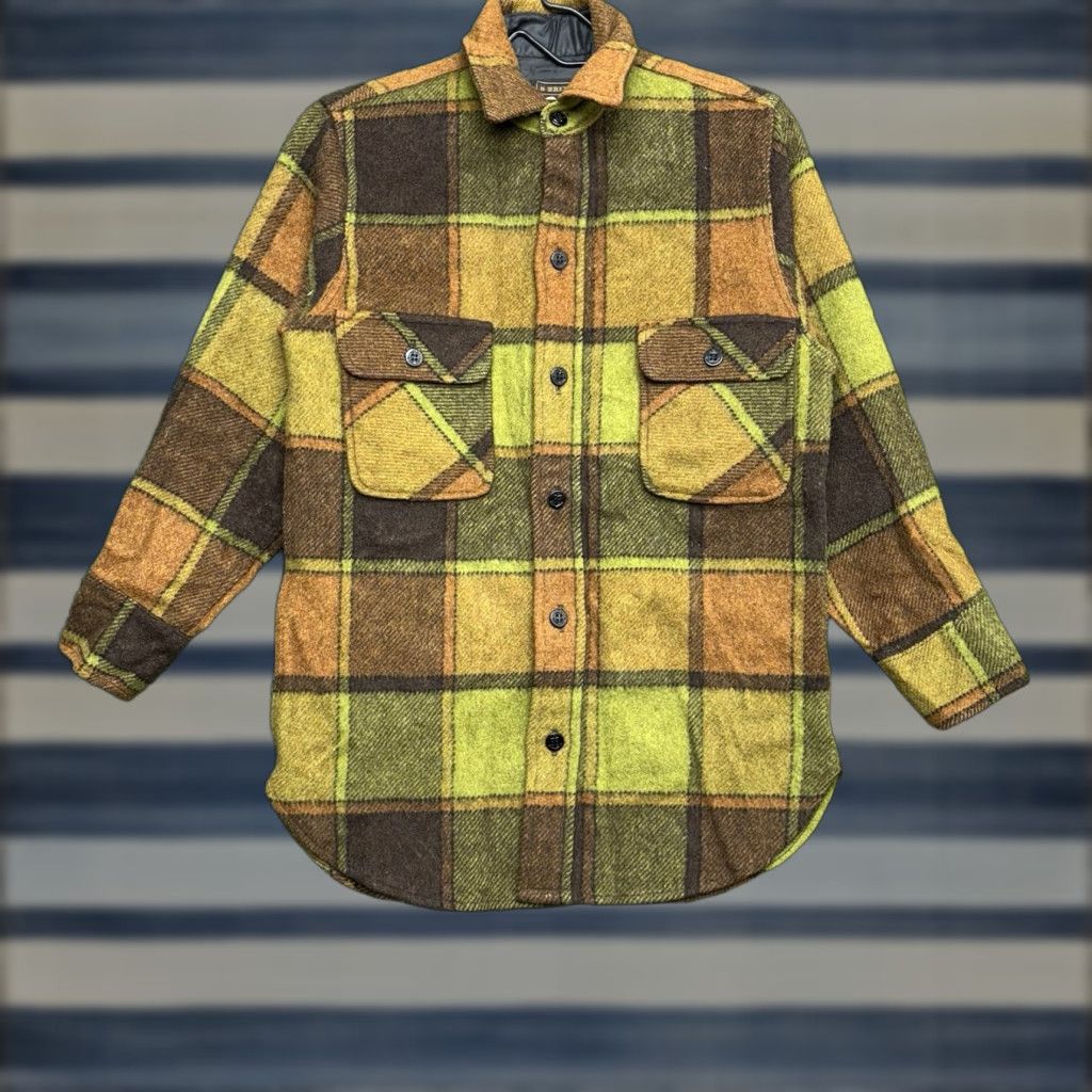 VINTAGE Brent Wool Flannel Button-Up Mens Small Brown Earth Tones Navy 70's 80s Plaid Long Sleeve Multicolor Wool Button Pockets Regular Collar