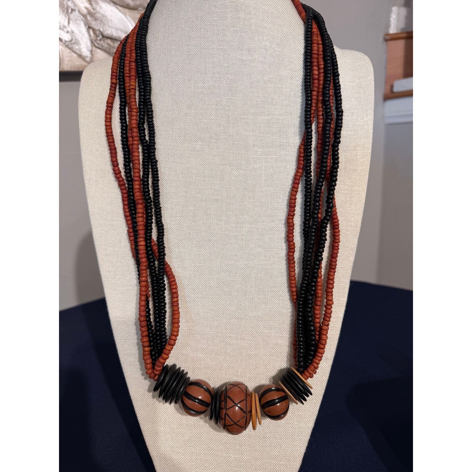Other Vintage Multi Strand Wood Bead Statement Necklace 33” Size 26 - 1 Thumbnail