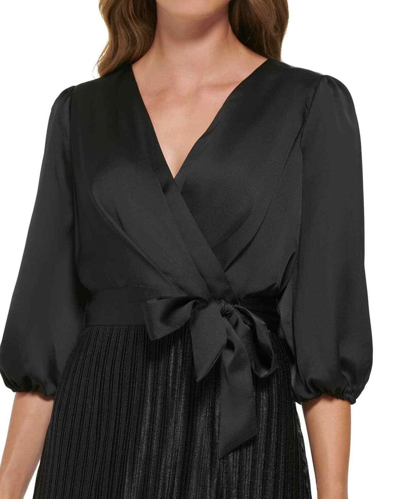 DKNY DKNY Women's Black Pleated Balloon Sleeve Faux Wrap Dress Size XL / US 12-14 / IT 48-50 - 4 Thumbnail