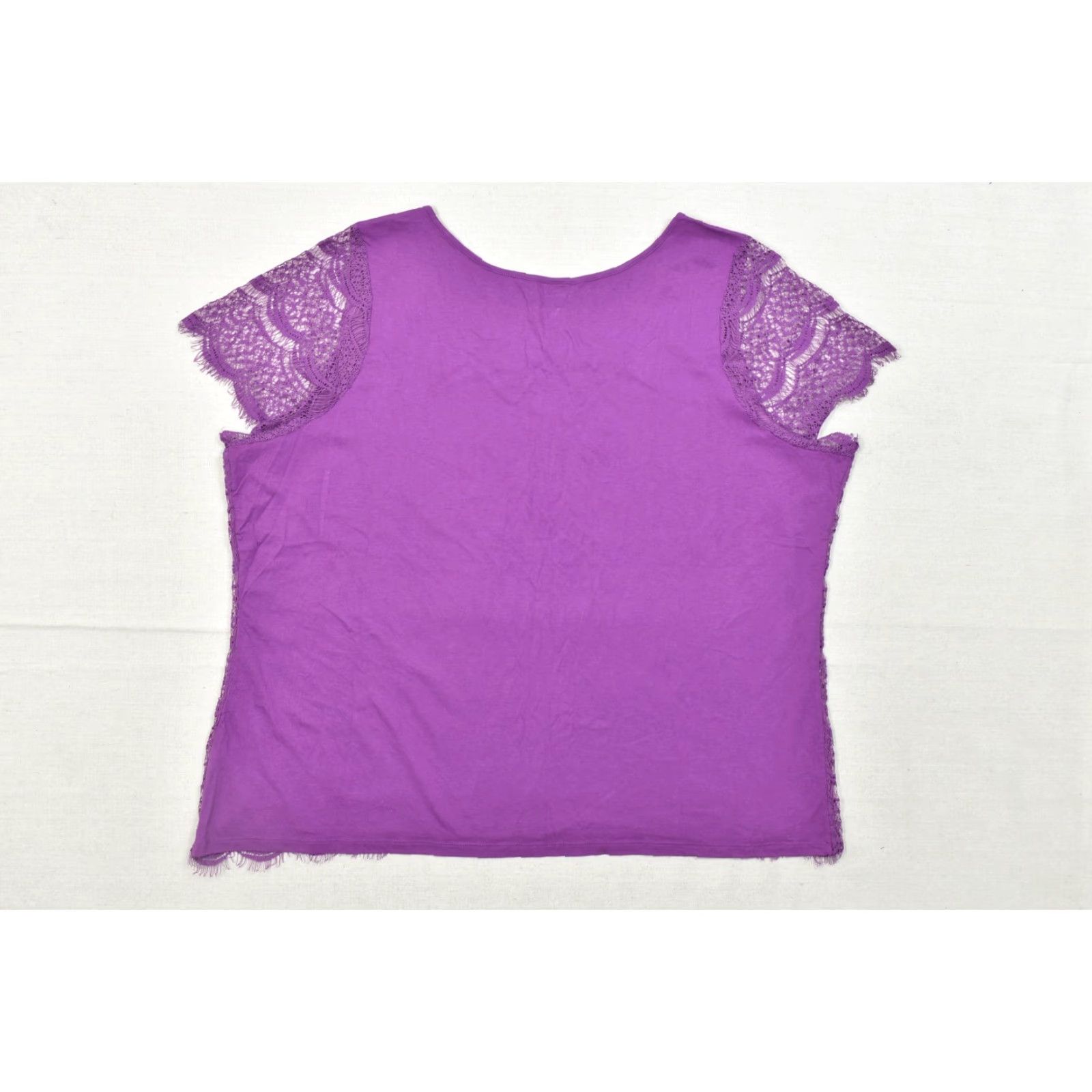 Vintage Lane Bryant Blouse Women 24 Plus Purple Lace Front Short Sleeve Knit Back Casual Top Size 4XL / US 24-26 - 2 Thumbnail