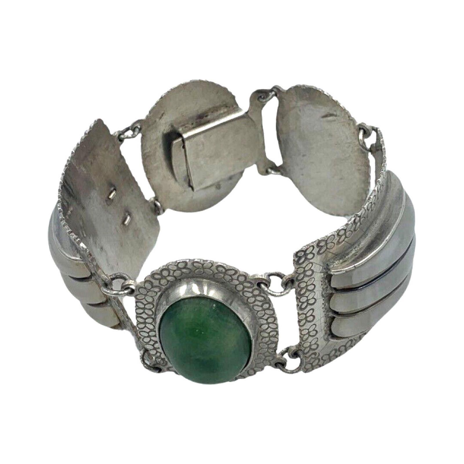 The Unbranded Brand Vintage Sterling Silver Quartz Nephrite Wide Bracelet Mexico Size ONE SIZE - 1 Thumbnail