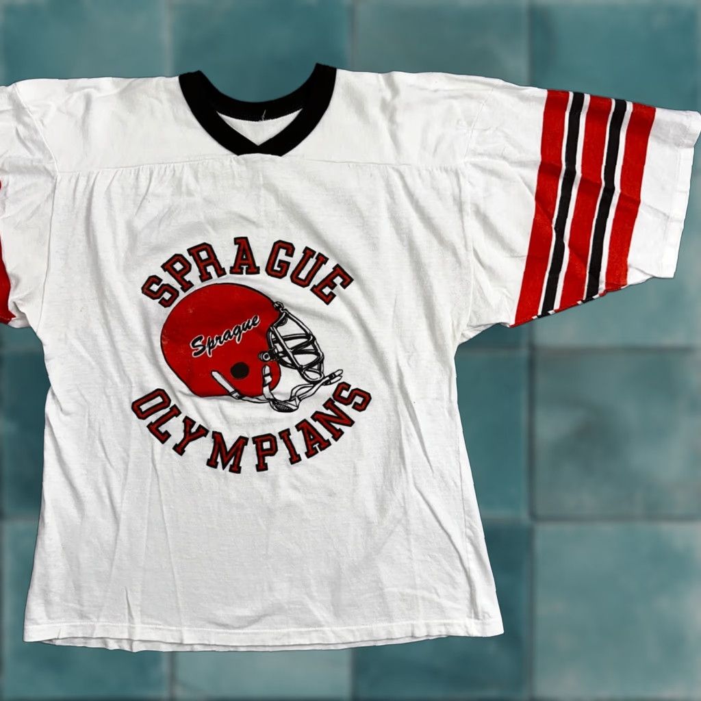 VINTAGE Champion Sprague Olympians T Shirt Football Jersey Salem Keizer Oregon 80s White M Mens Short Sleeve Crew Neck Graphic Print