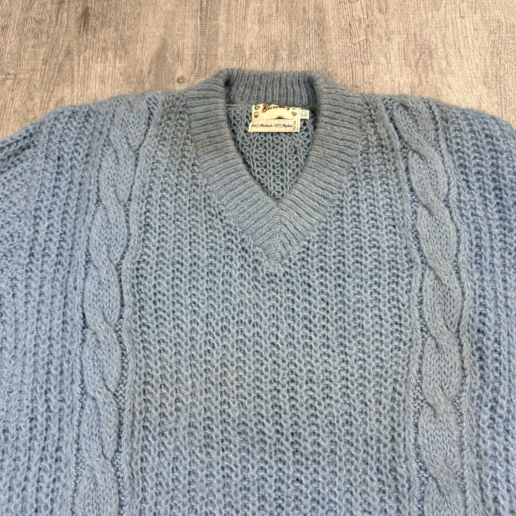 Vintage VINTAGE 60s BARCLAY Mohair Fuzzy V-Neck Sweater Men’s Large Blue Cable-Knit Pullover Fall Winter Classic Size US L / EU 52-54 / 3 - 2 Thumbnail