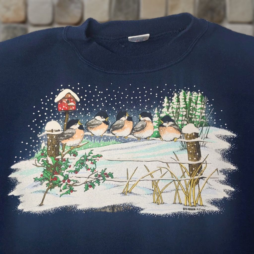 Jerzees VINTAGE JERZEES Sweatshirt Snow Birds 2X Blue Women's Pullover Crew Neck Winter Nature Bird Lovers 1995 ArtWear Design Size XXL / US 16-18 / IT 52-54 - 1 Thumbnail