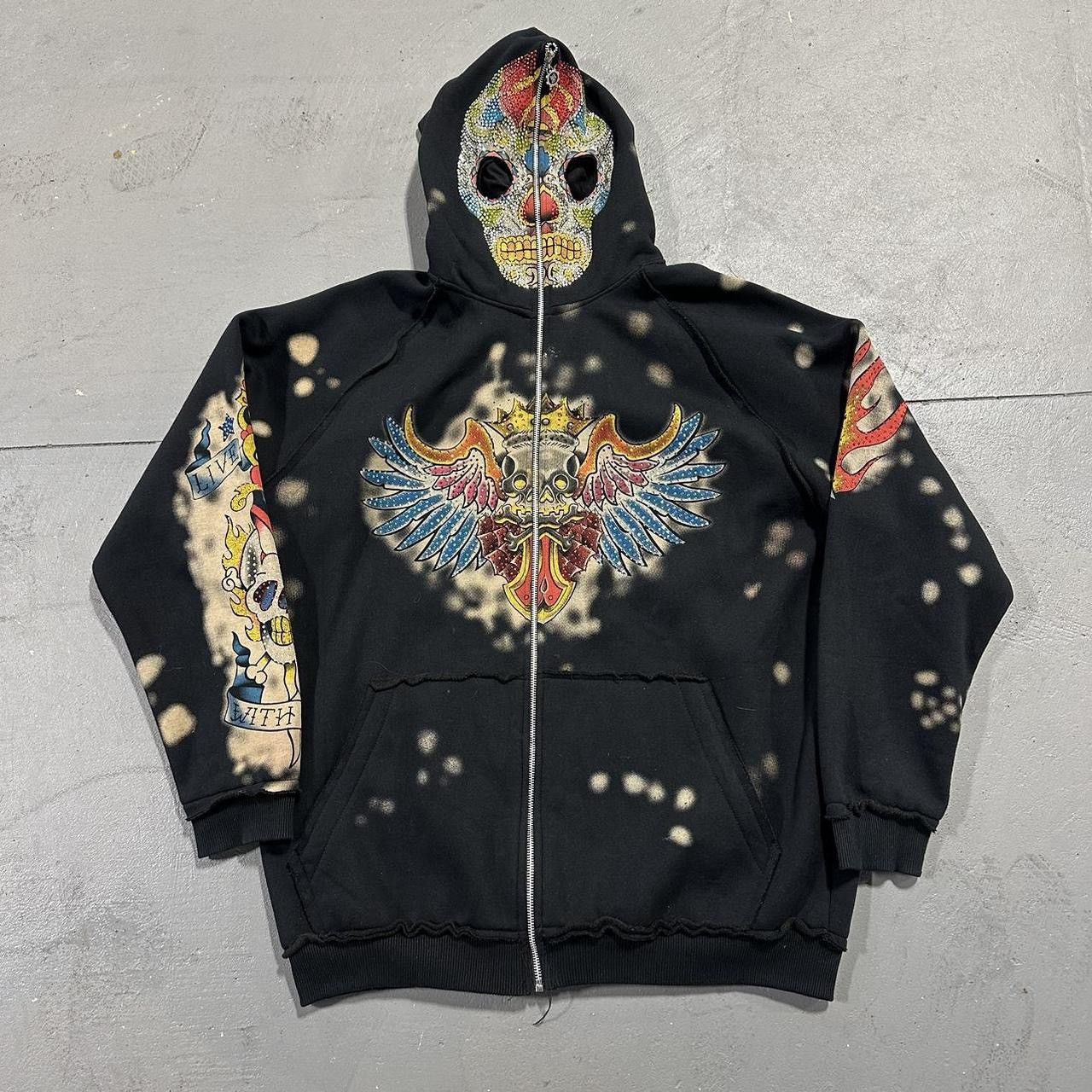 Image of Y2K Hama Ed Hardy Style Bedazzled Skull Zip Hoodie Size XL in Black, Men's