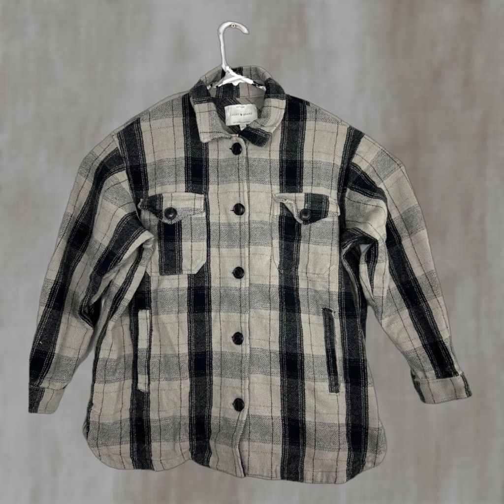 Lucky Brand Lucky Brand Women's Shirt Jacket Oversized Flannel Plaid Black Gray 100% Cotton Collared Button-Up Pockets Relaxed Size M - Gray - Vintage: No Size M / US 6-8 / IT 42-44 - 1 Thumbnail