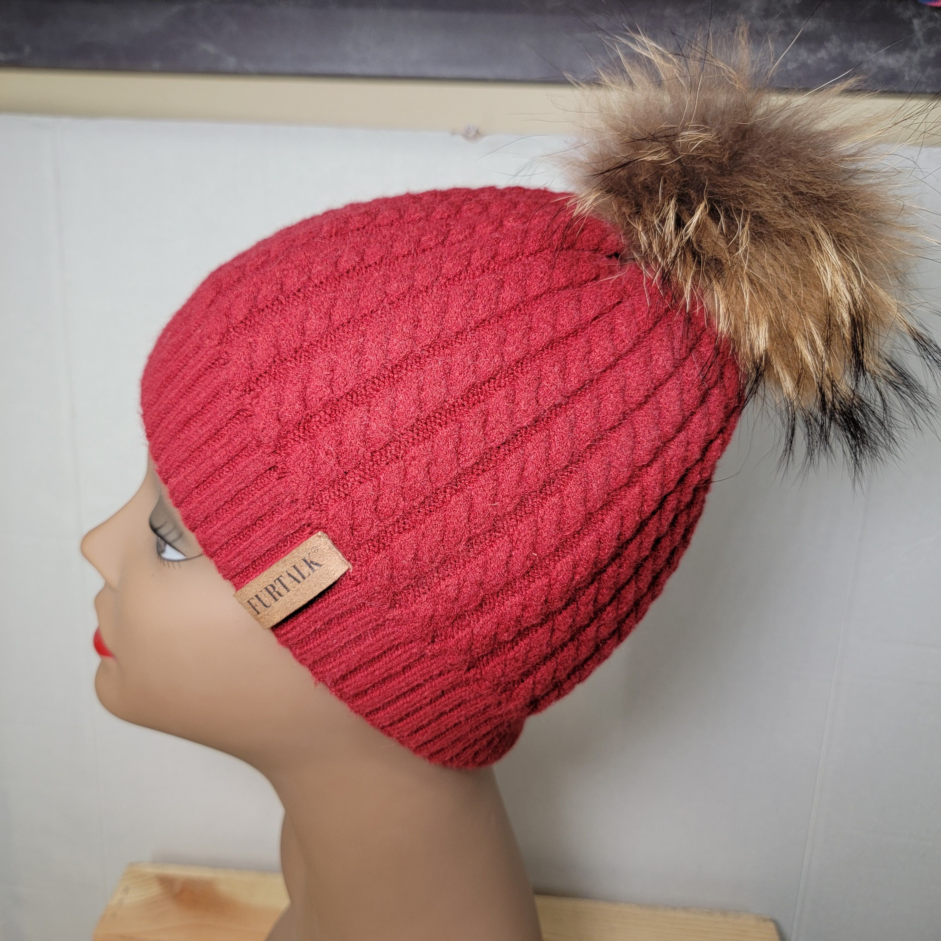 Other Furtalk Knit Maroon Beanie w/ Faux Fur Pom Pom Size ONE SIZE - 3 Thumbnail