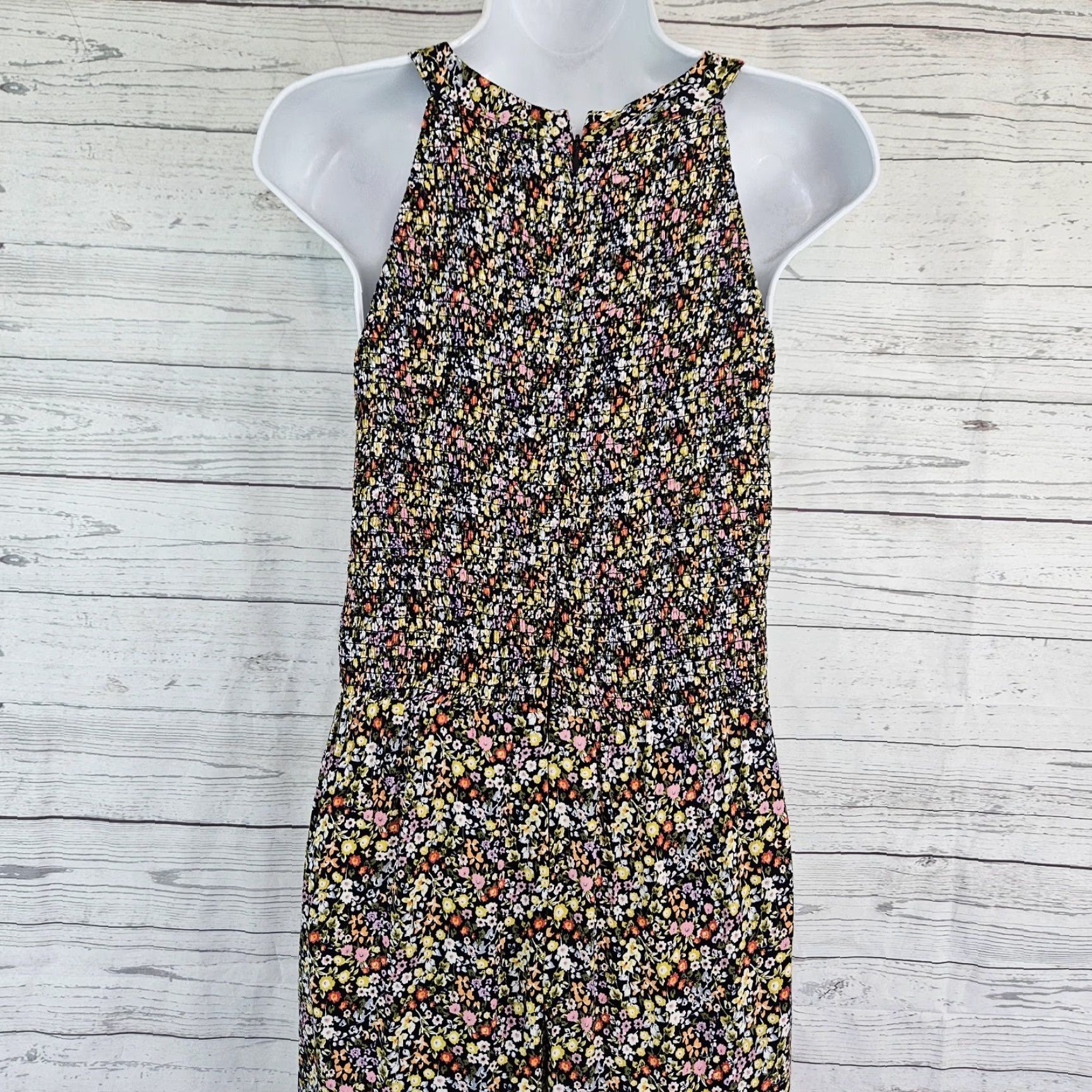 Loft LOFT Ann Taylor Womens Jumpsuit 10P Pink Yellow Floral Smocked Sleeveless Zip Viscose Multicolor Petites White Space Size 32" / US 10 / IT 46 - 4 Thumbnail