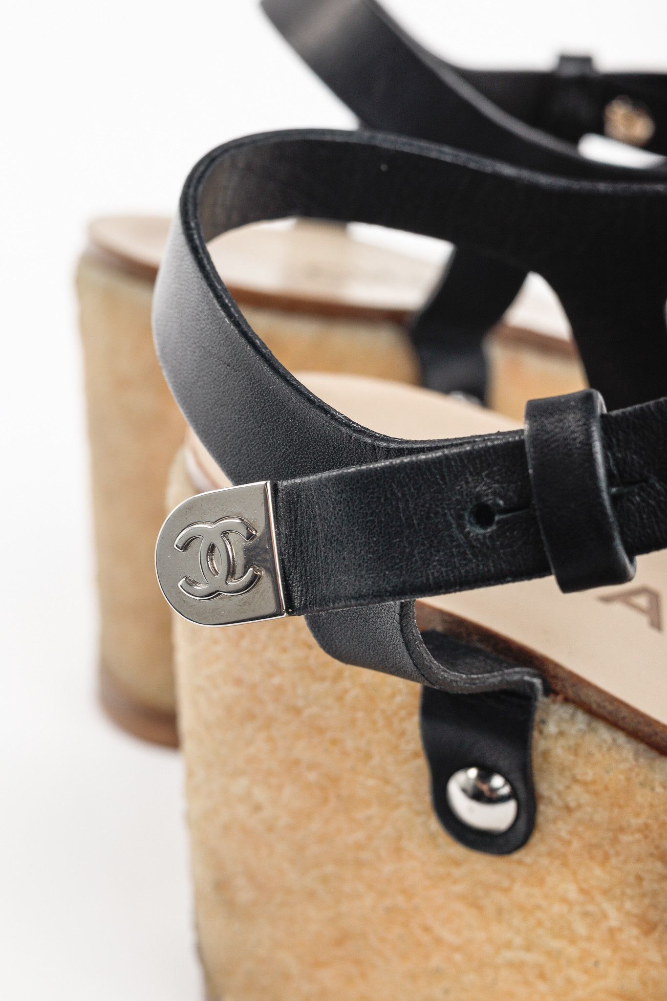 Chanel Chanel Black Leather Platform Wedge Sandals Size US 4 / IT 34 - 8 Thumbnail