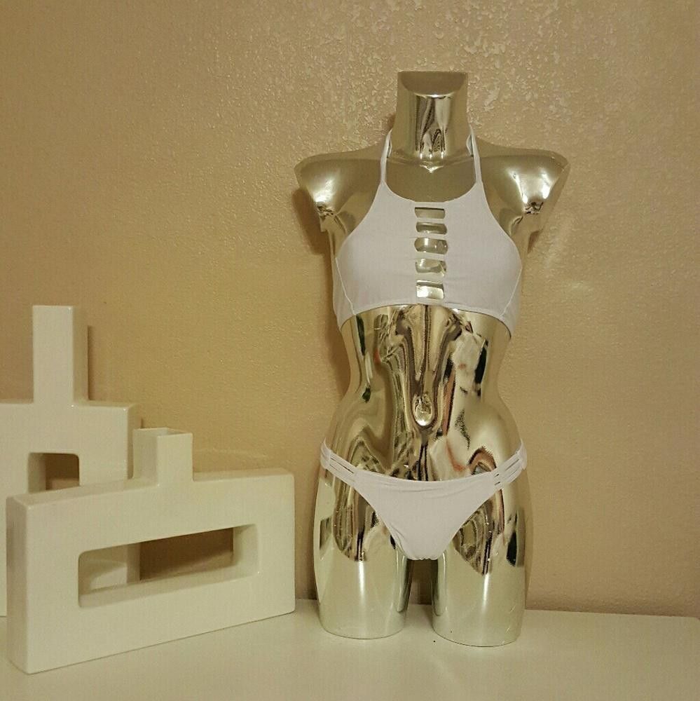 Designer White High Neck Strapped Bikini Set Size ONE SIZE - 4 Thumbnail