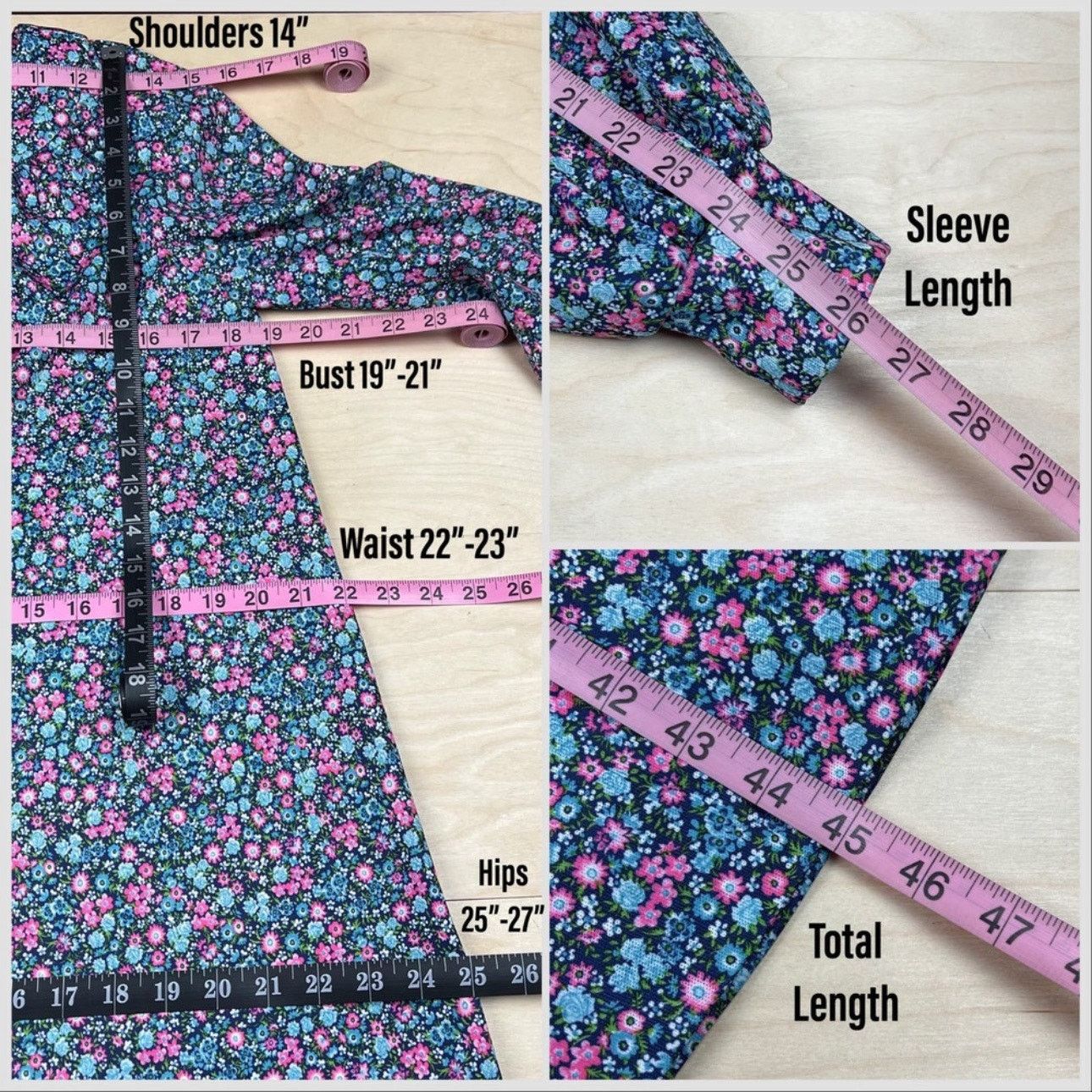 Handmade × Vintage 1960s Blue & Pink Ditsy Floral Long Sleeve Belted Midi Dress Size M / US 6-8 / IT 42-44 - 5 Thumbnail