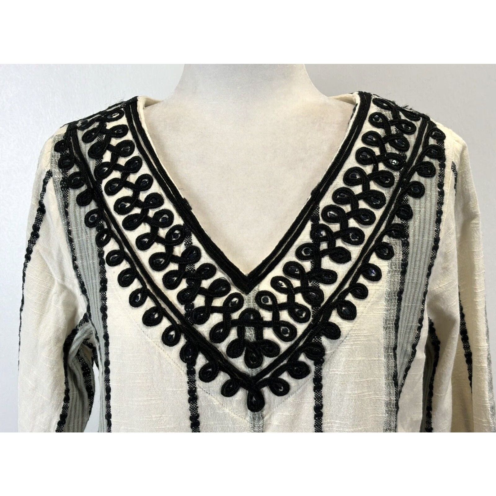 Soft Surroundings VINTAGE Soft Surroundings 2 Pc Tunic Dress Petite Medium Ivory Striped Embroidered Bohemian Womens Size M / US 6-8 / IT 42-44 - 5 Thumbnail