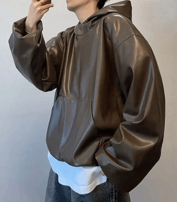 Japanese Brand × Vintage Avant garde fashion punk oversized faux leather hoodie Size US XL / EU 56 / 4 - 3 Thumbnail