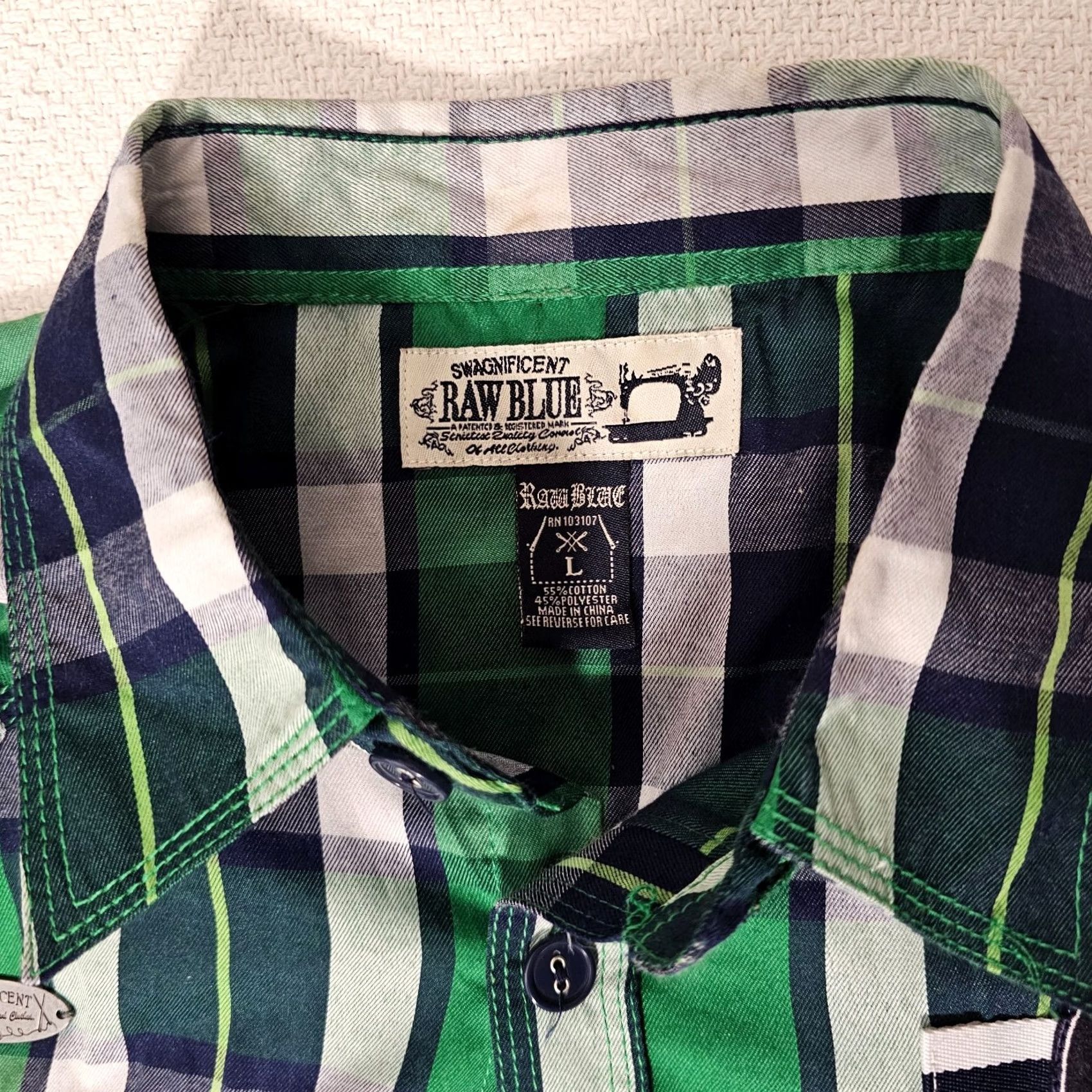 Vintage Raw Blue Mens Button-Up Shirt Plaid Green Long Sleeve Size L Regular Collar-Down Vintage No (Note: Vintage: No) Size US L / EU 52-54 / 3 - 2 Thumbnail