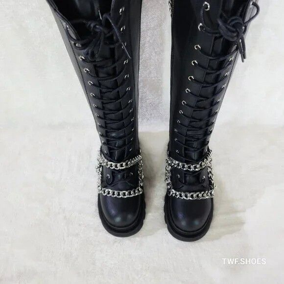 Demonia Cult DEMONIA Renegade Draped Chain Combat Knee High Boots Goth Pu Size US 6 / IT 36 - 4 Thumbnail