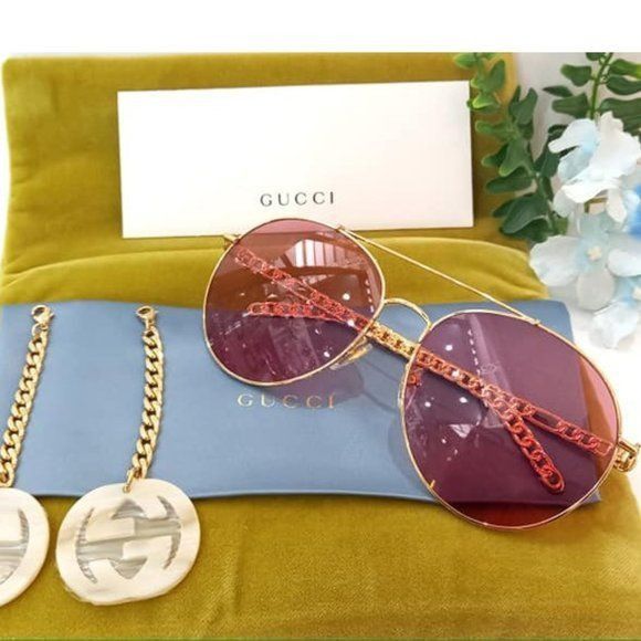 image of New Gucci Gg0725S 003 Chain Round Metal Sunglasses in Pink, Women's