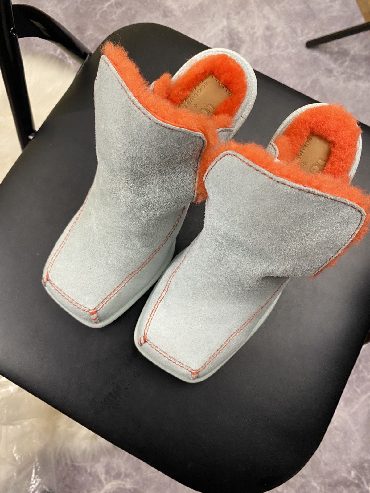 Eckhaus Latta Ugg x Eckhaus Latta Mint and Orange Fur Open Toe Heel Mules Size US 7 / IT 37 - 4 Thumbnail