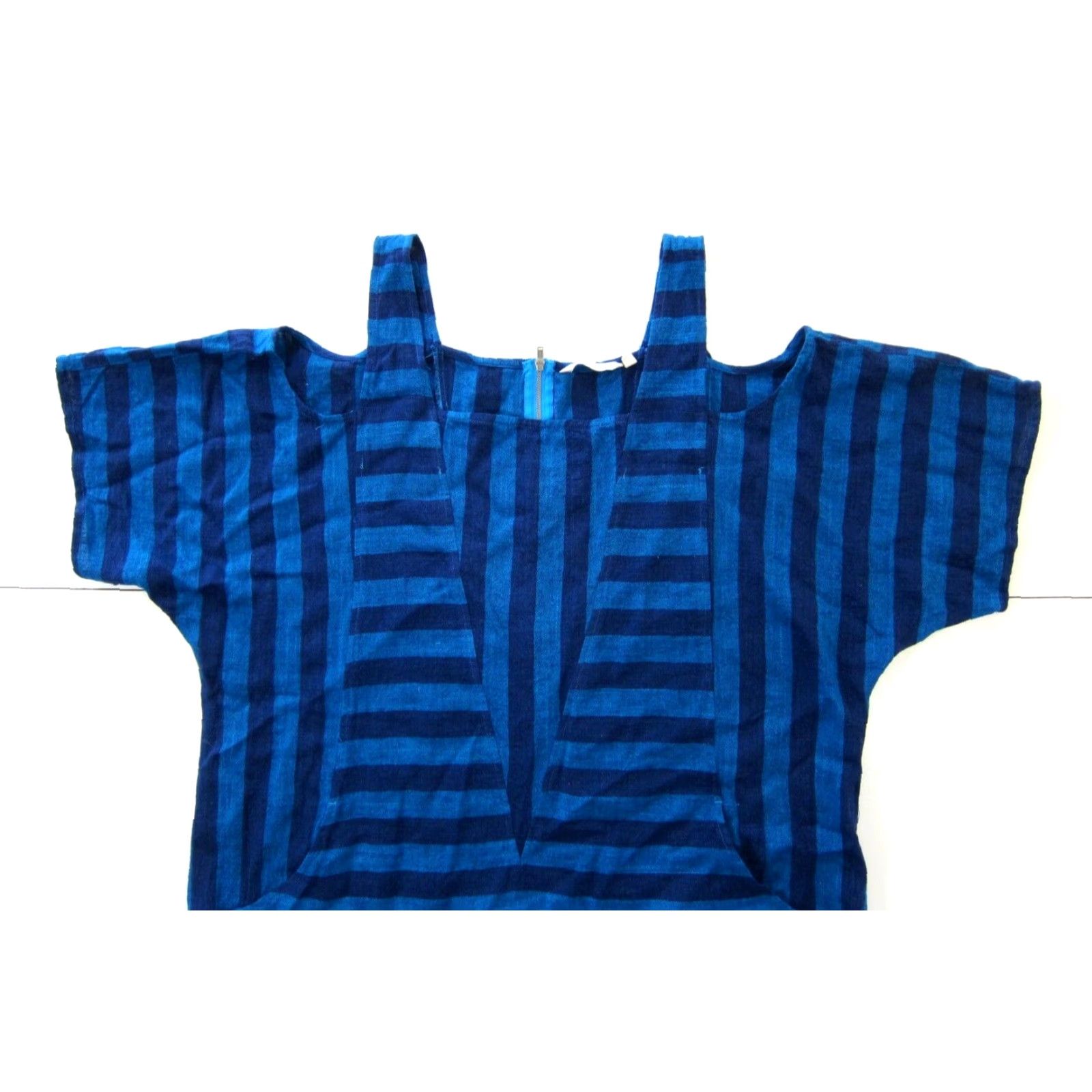 Soft Surroundings VINTAGE Soft Surroundings Linen Blue Stripe Boxy Peep Shoulder Tunic Pocket Blouse Large Size L / US 10 / IT 46 - 3 Thumbnail