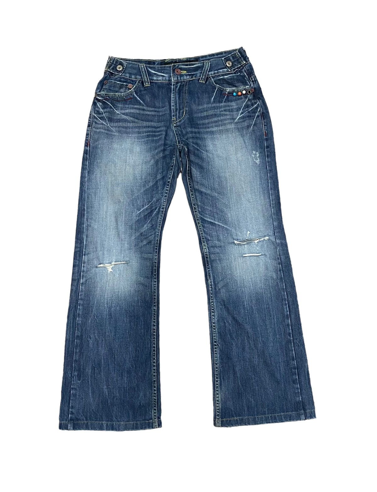 Japanese Brand X Red pepper distressed flare jeans