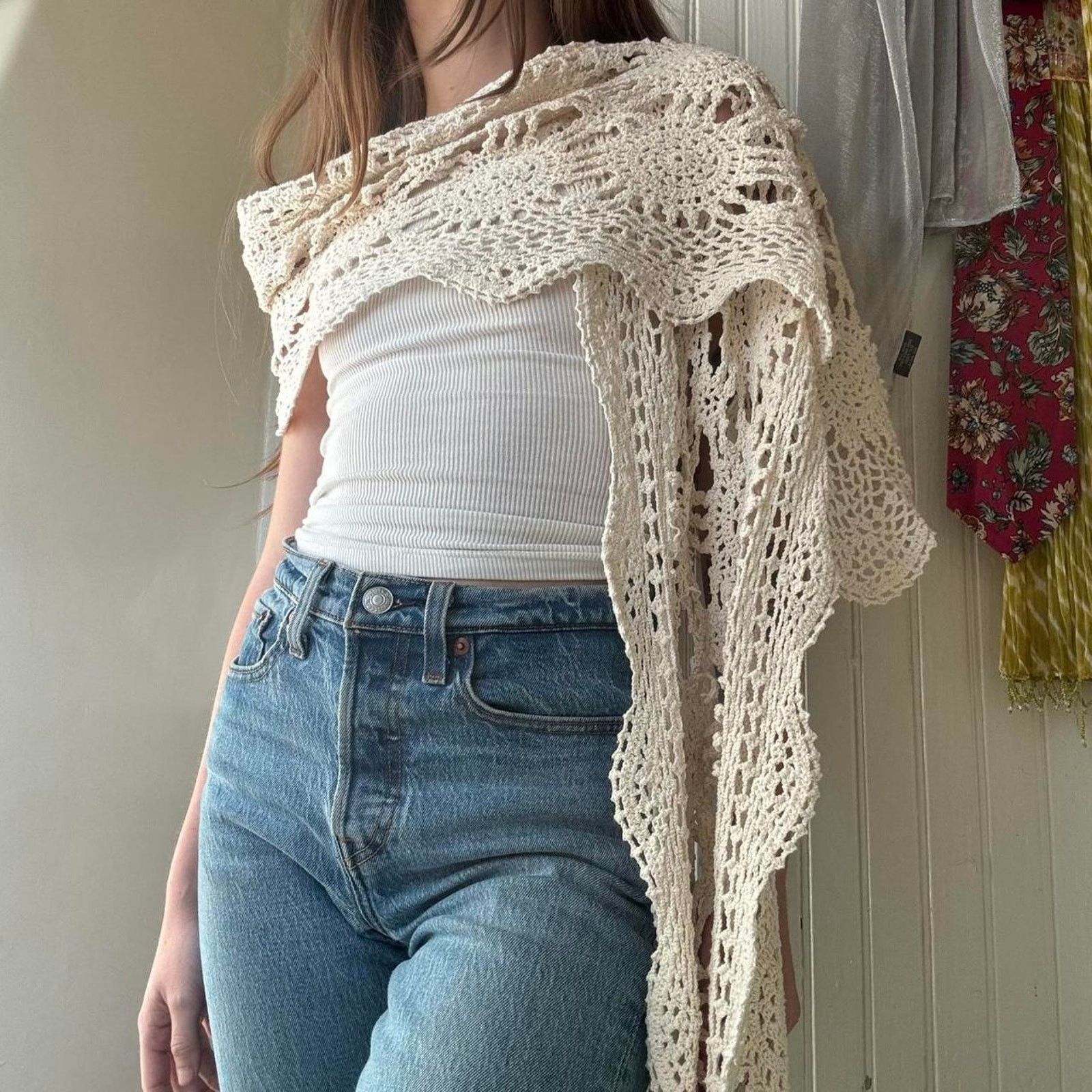 Vintage Doily Crochet Scarf Cottagecore Dainty Feminine