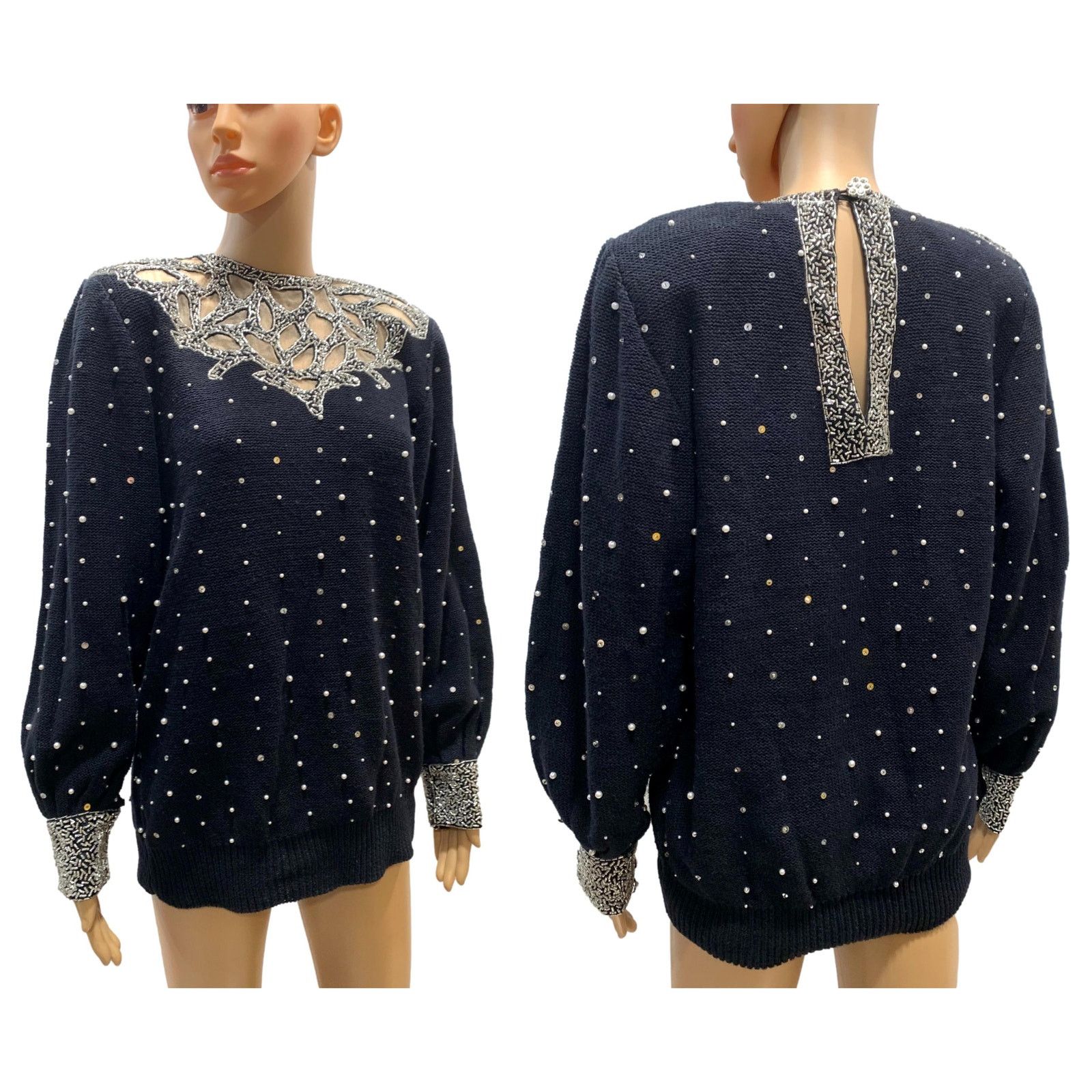 Vintage 80s Black Beaded Trophy Sweater w Pearls 1989 | S/M Size M / US 6-8 / IT 42-44 - 5 Thumbnail