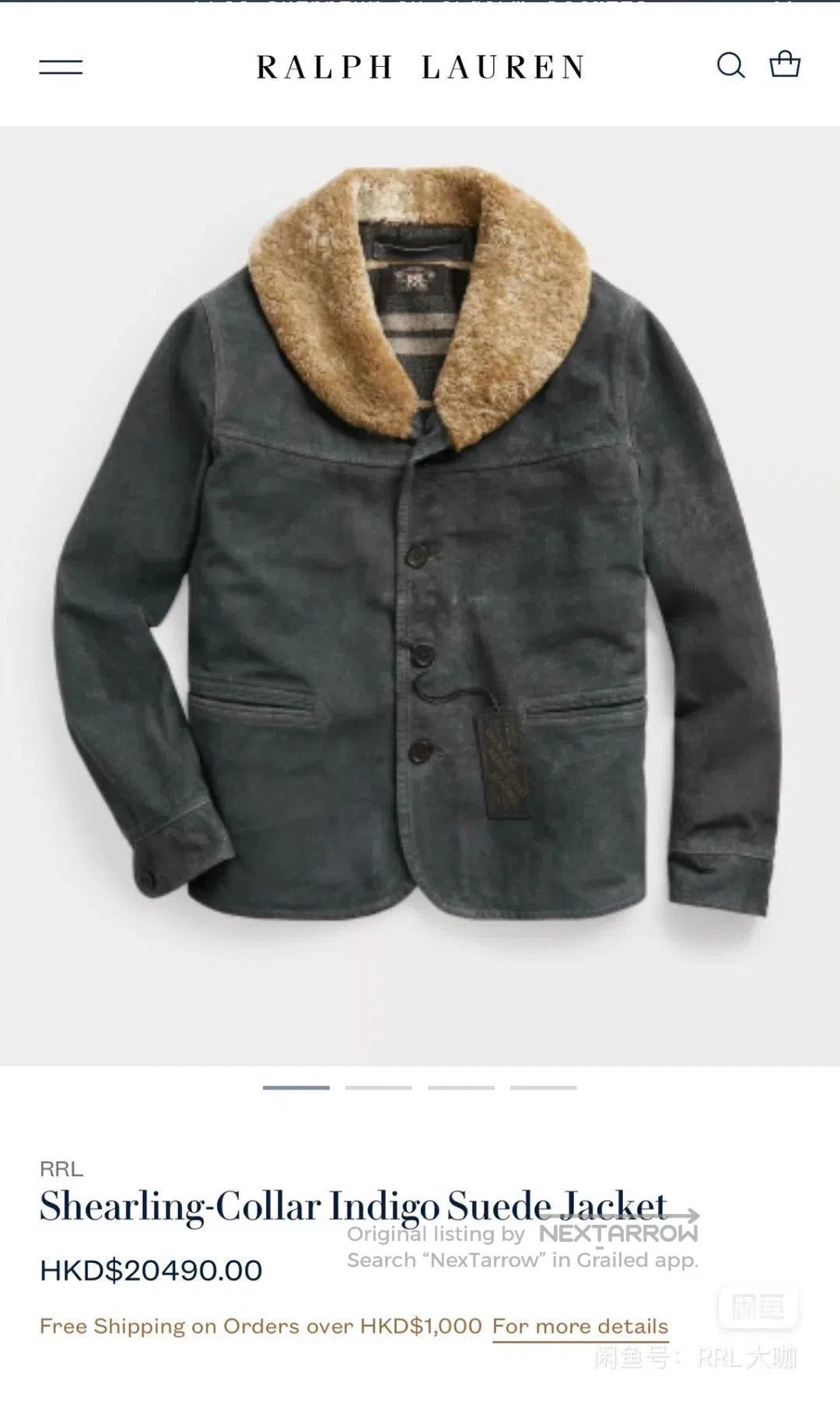 RRL Ralph Lauren shearling-collar indigo suede jacket. Size US S / EU 44-46 / 1 - 1 Thumbnail