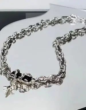 Japanese Brand Silver chain necklace steel with Obsidian stone gem cross Size ONE SIZE - 2 Thumbnail