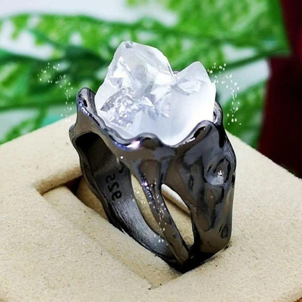 Designer 925 Sterling Silver Black Irregular White Rock Ring - Size 7 Size ONE SIZE - 1 Thumbnail