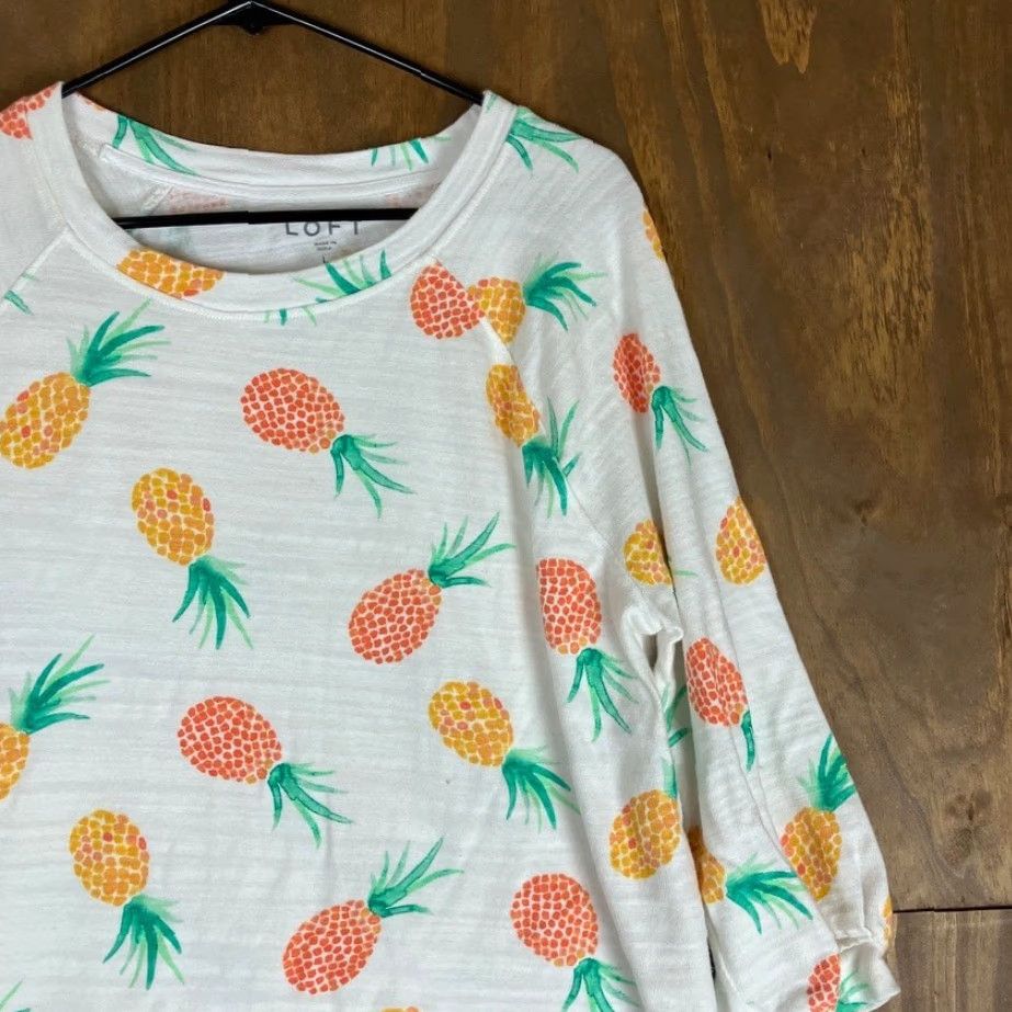 Ann Taylor VINTAGE LOFT Womens Shirt White Pineapple Pattern Long Sleeve 100% Cotton Large Size L / US 10 / IT 46 - 5 Thumbnail