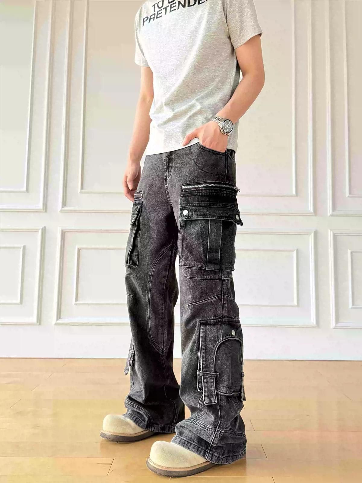 Other Gray Washed Cargo Wide Leg Jeans Size US 30 / EU 46 - 2 Thumbnail