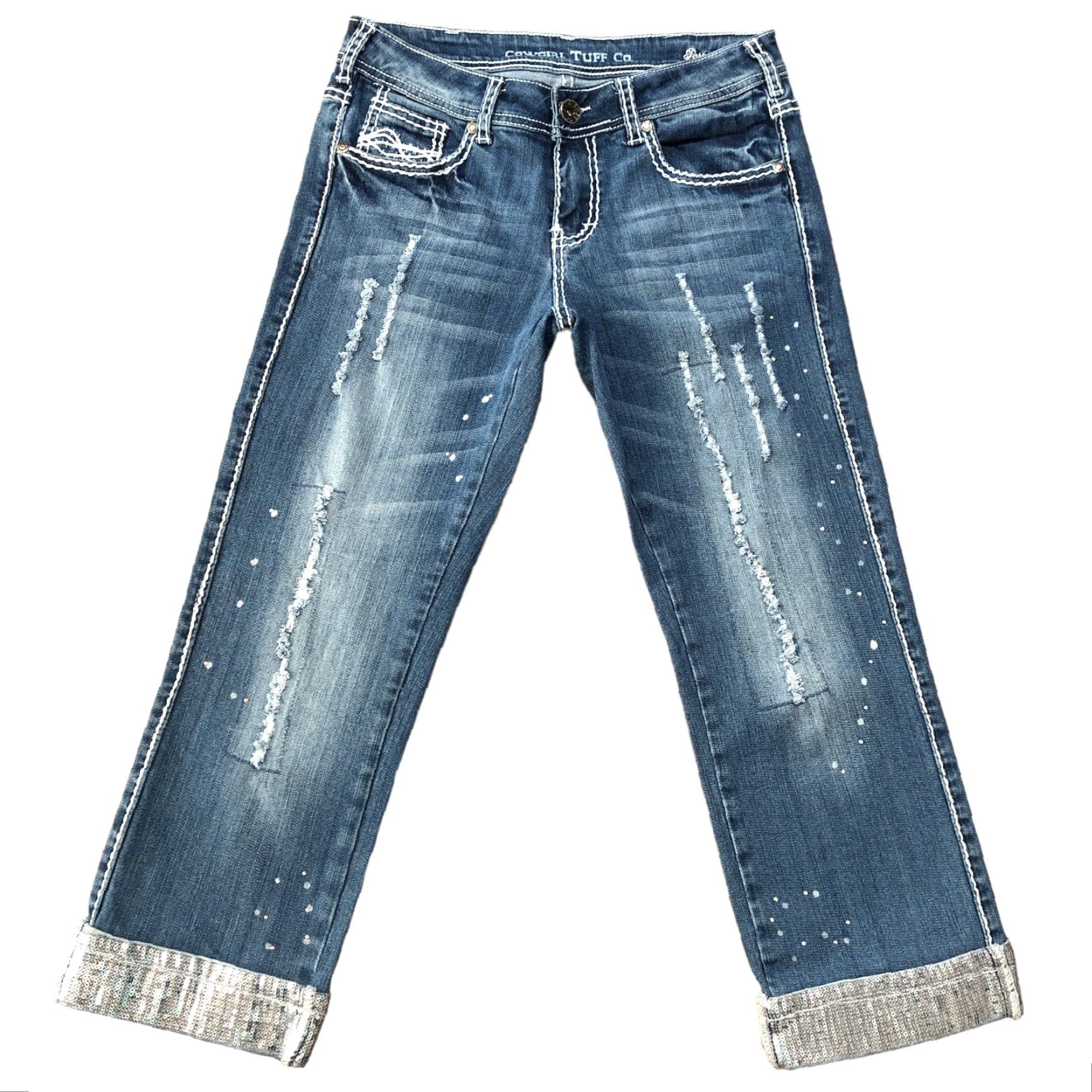 Denime COWGIRL TUFF Capri Jeans Womens 28 Blue Distressed Sequin Denim 5-Pocket Zip Rise 8 Inseam 24 Festival Cowboy Size 28" / US 6 / IT 42 - 2 Thumbnail