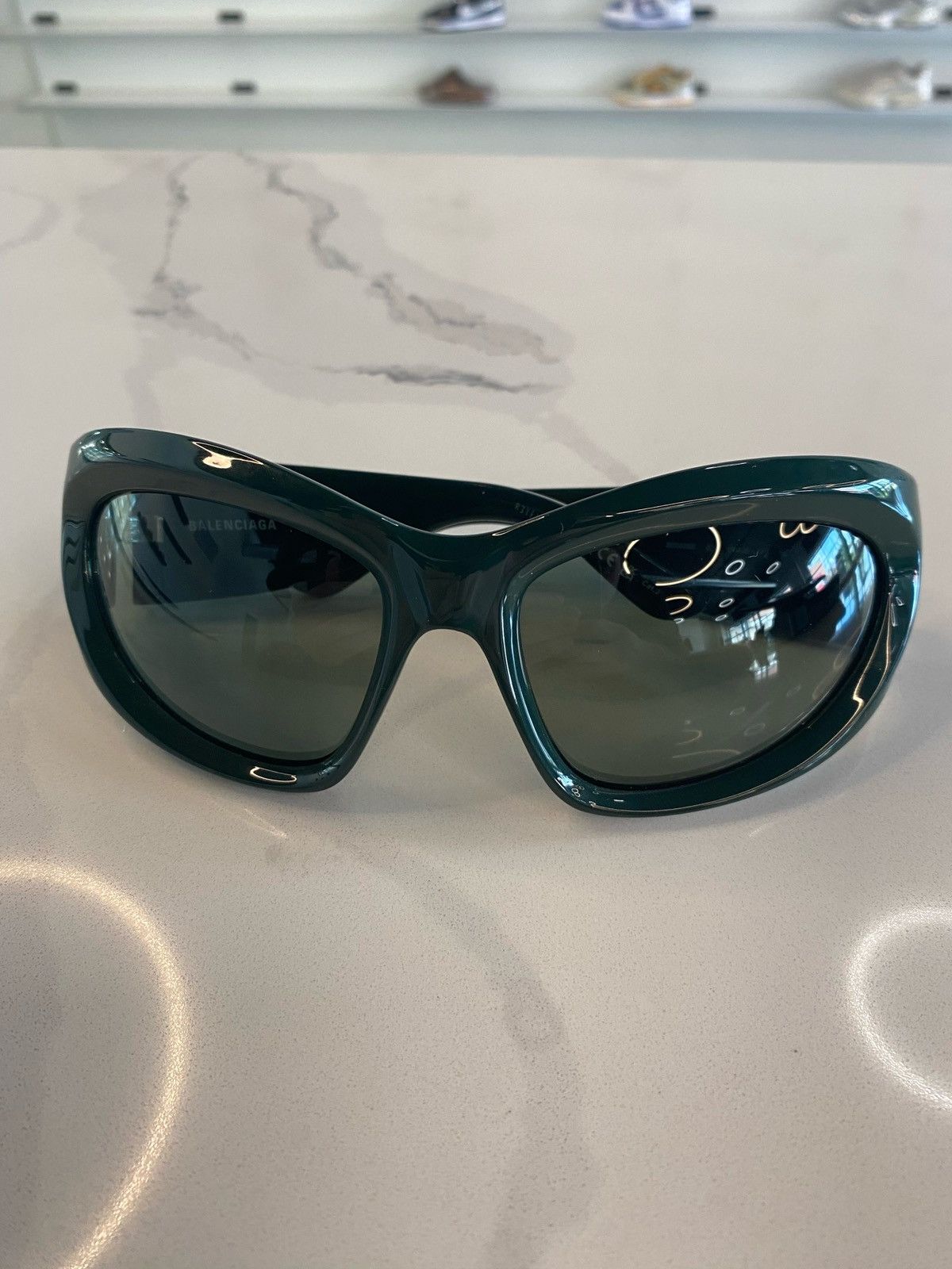 BALENCIAGA Wrap Sunglasses Shiny Solid Green