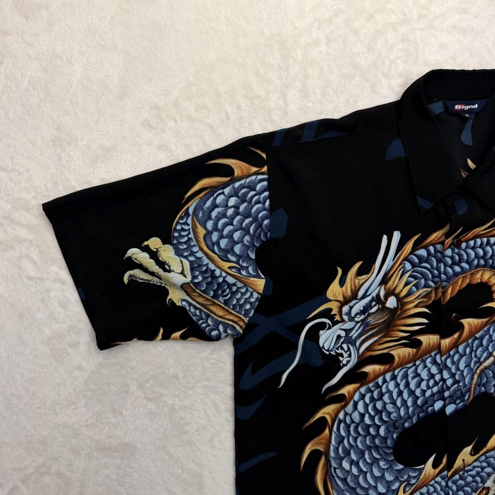 Vintage Bignd Shirt Mens Medium Black Dragon Graphic Print Rayon Button Up Tribal Flames Shirt Size US M / EU 48-50 / 2 - 6 Thumbnail