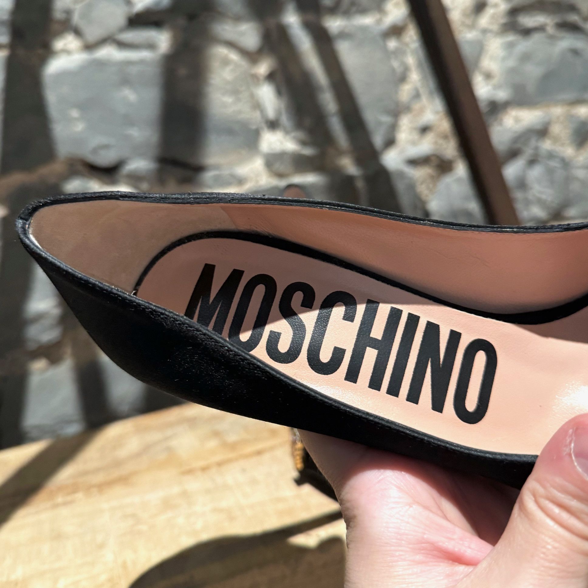 Moschino Moschino Mini Lettering Crystal Logo Black Satin Pumps Size US 9 / IT 39 - 5 Thumbnail