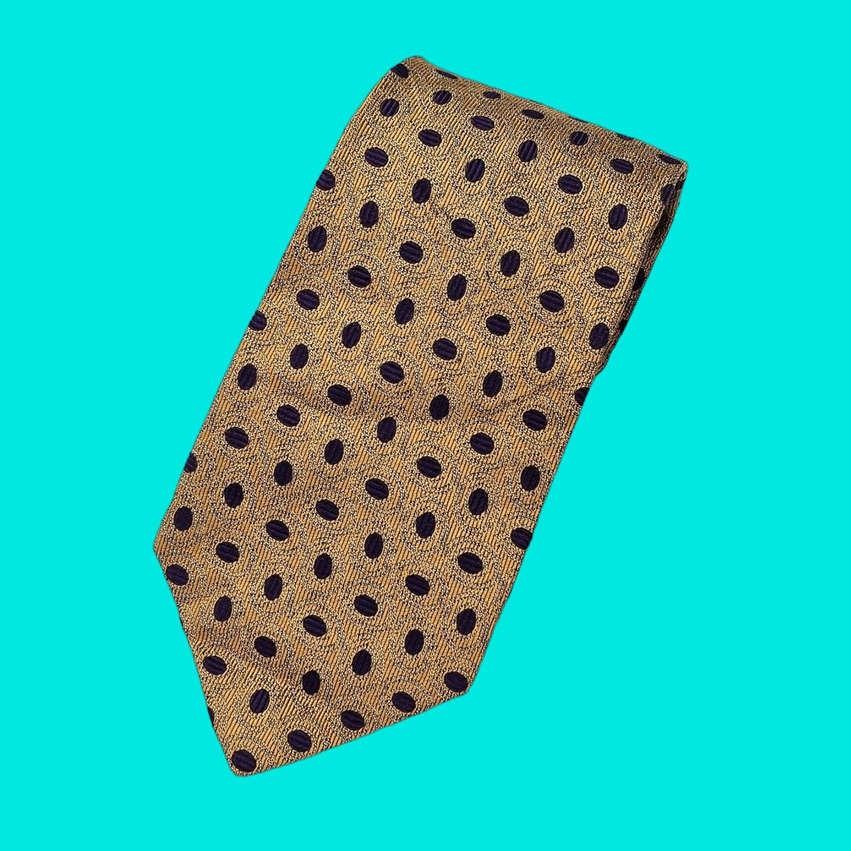 Vintage XMI Couture Long Necktie Men's Gold Purple Polka Dots Textured USA Silk Size ONE SIZE - 1 Thumbnail