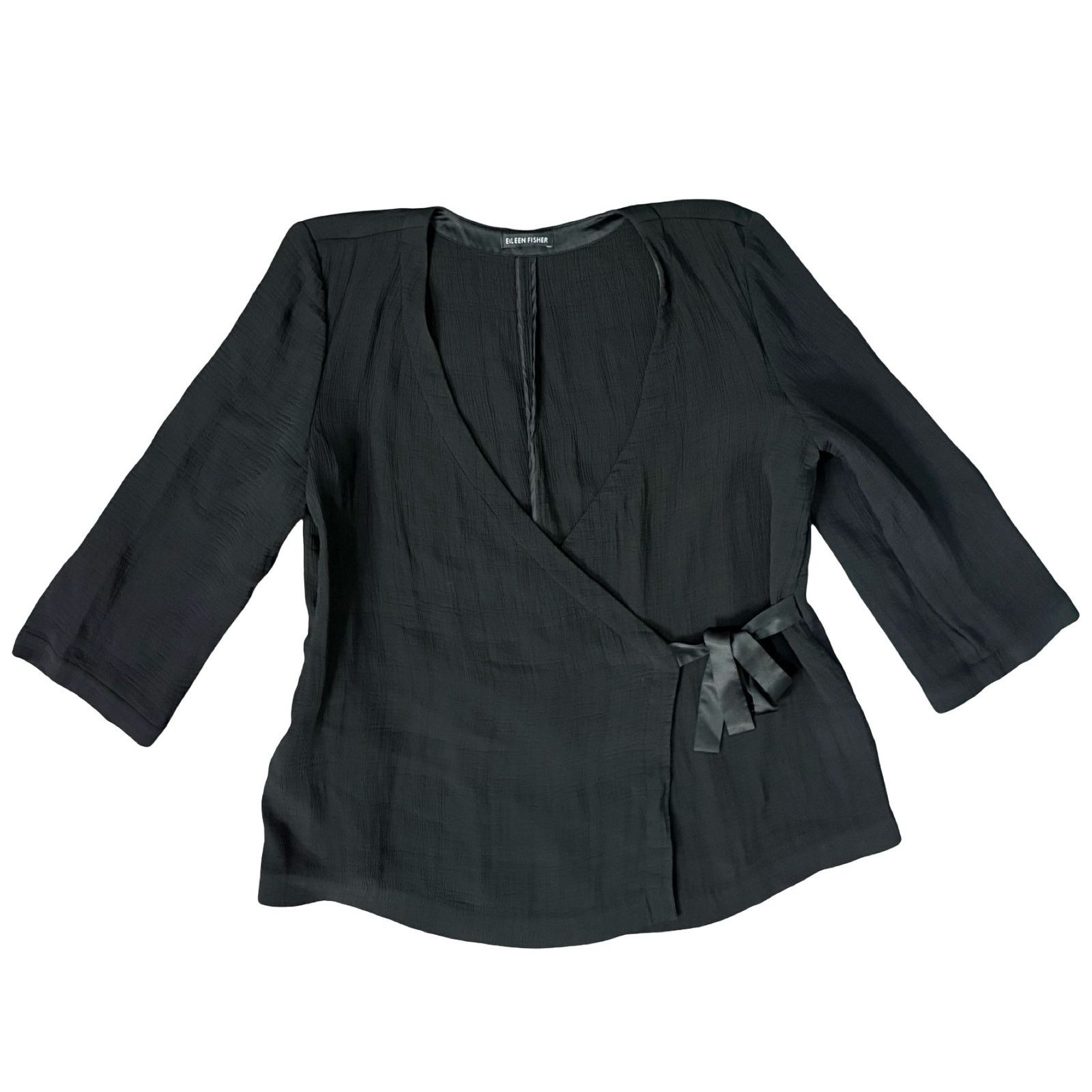 Eileen Fisher Black Silk Blend Kimono 3/4 Sleeve Wrap Top L