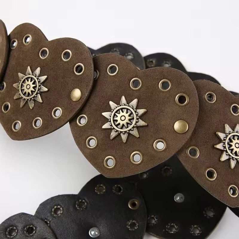 Leather × Vintage Brown PU Leather Pinned Heart Shape Bohemian Style Belt Size ONE SIZE - 7 Thumbnail