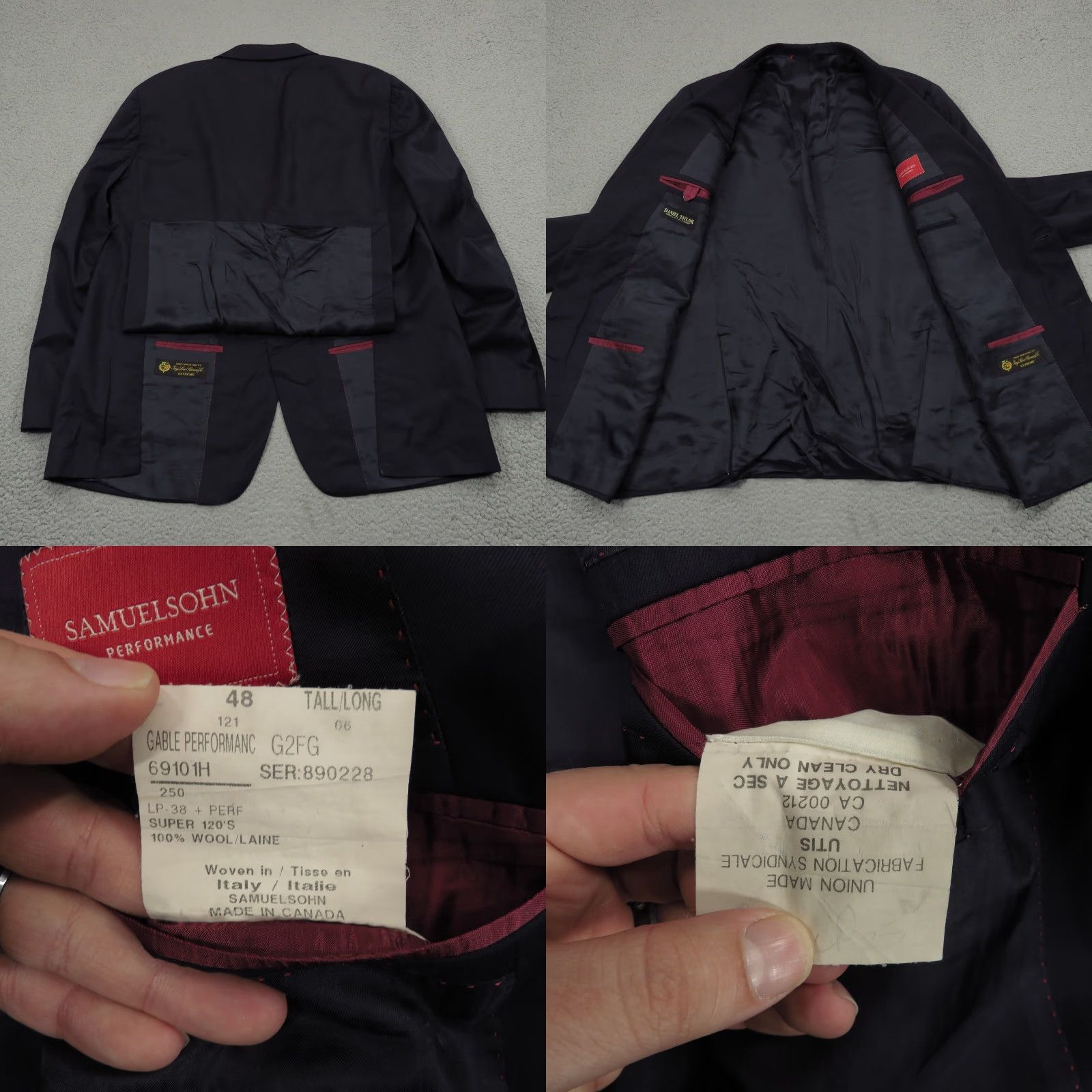 Vintage Samuelsohn Blazer Jacket Men 48L Navy Wool Solid Notch Lapel Single-Breasted Two-Button 4-Button Long Modern Classic Size 48R - 9 Thumbnail