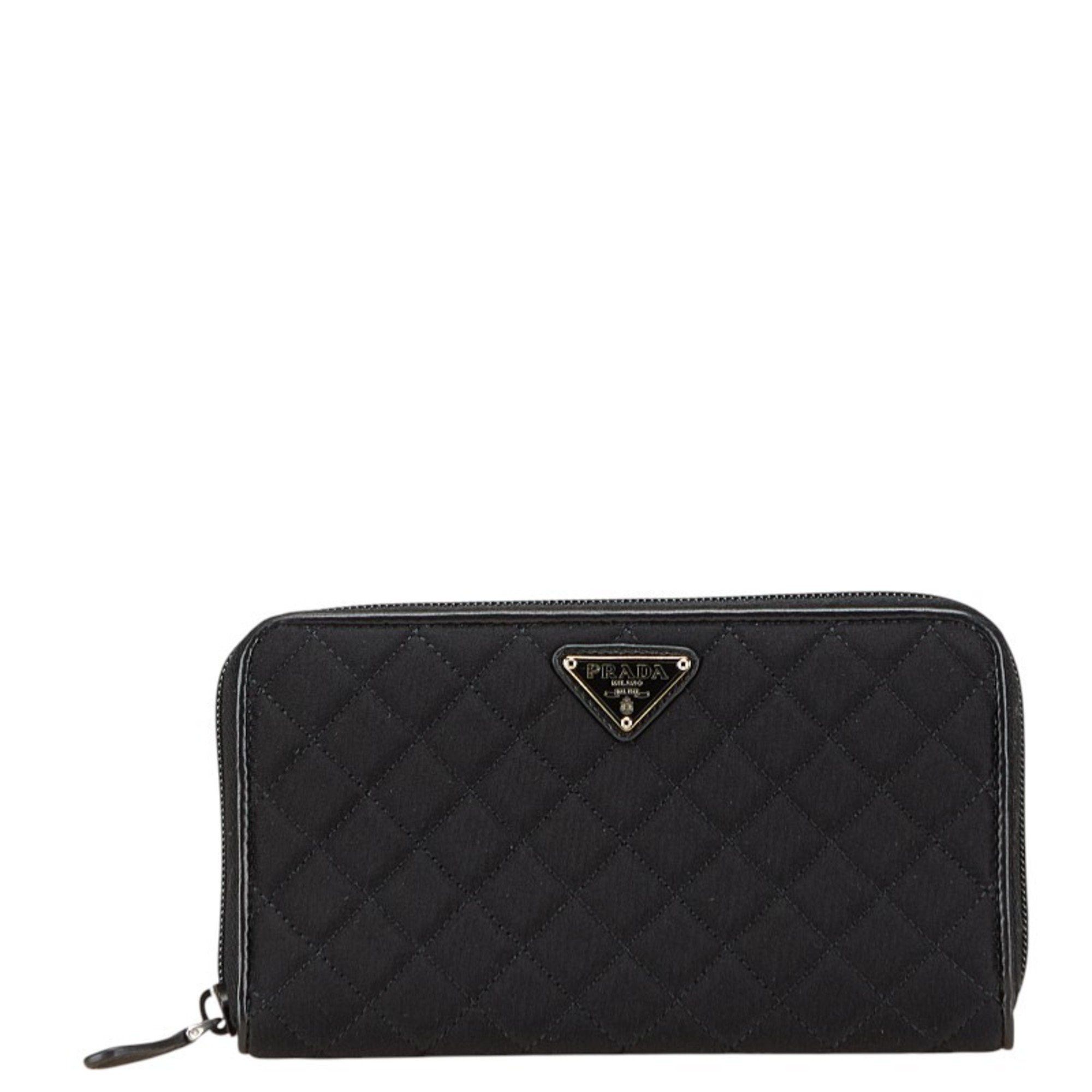 Prada Triangle Logo Plate Long Wallet Black Nylon Leather Women's PRADA