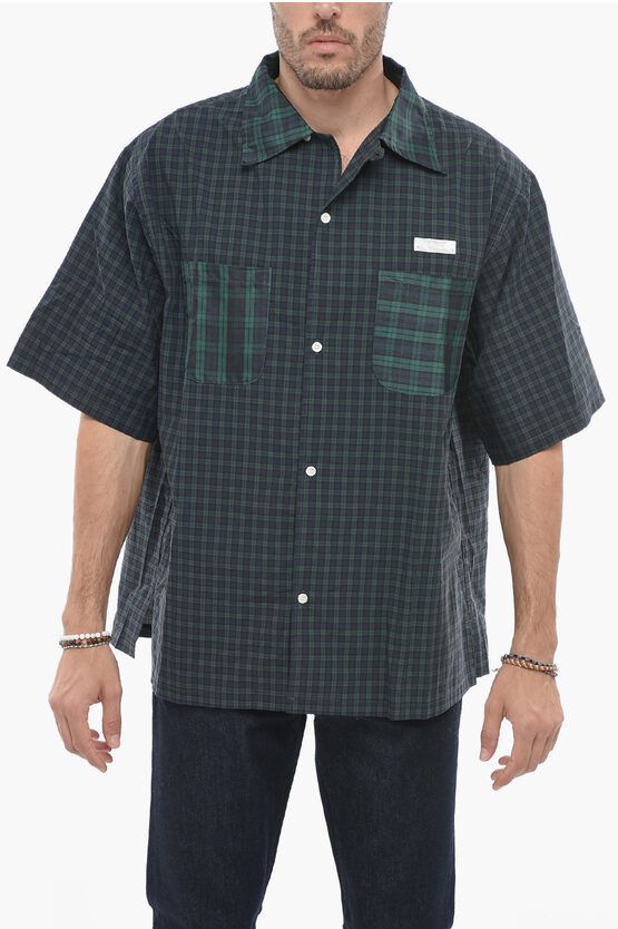 image of 4Sdesigns Plaid Checked Shirt With Silk Double Breast Pockets in Green, Men's (Size Large)