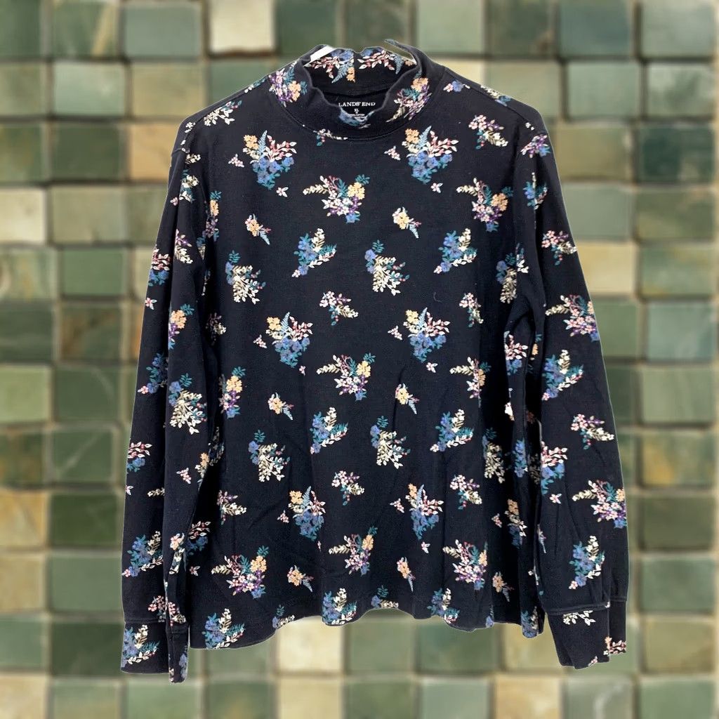 Lands' End Lands' End Floral Black Overall Print Mockneck Shirt XL 18 Womens Plus Turtle Neck 100% Cotton Long Sleeve Vintage? Size XXL / US 16-18 / IT 52-54 - 1 Thumbnail