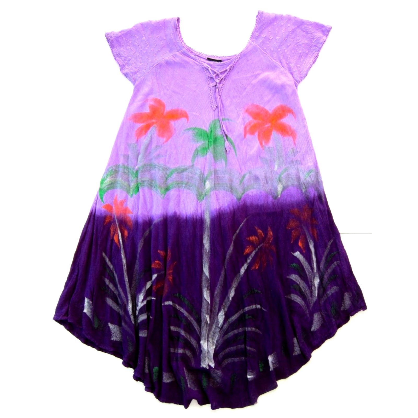 Vintage Vintage SB Fashion Tunic Dress M-L Short Sleeve 100% Rayon Purple Green Orange Floral Dress Midi Women's SB Fashions Size 32" / US 10 / IT 46 - 2 Thumbnail