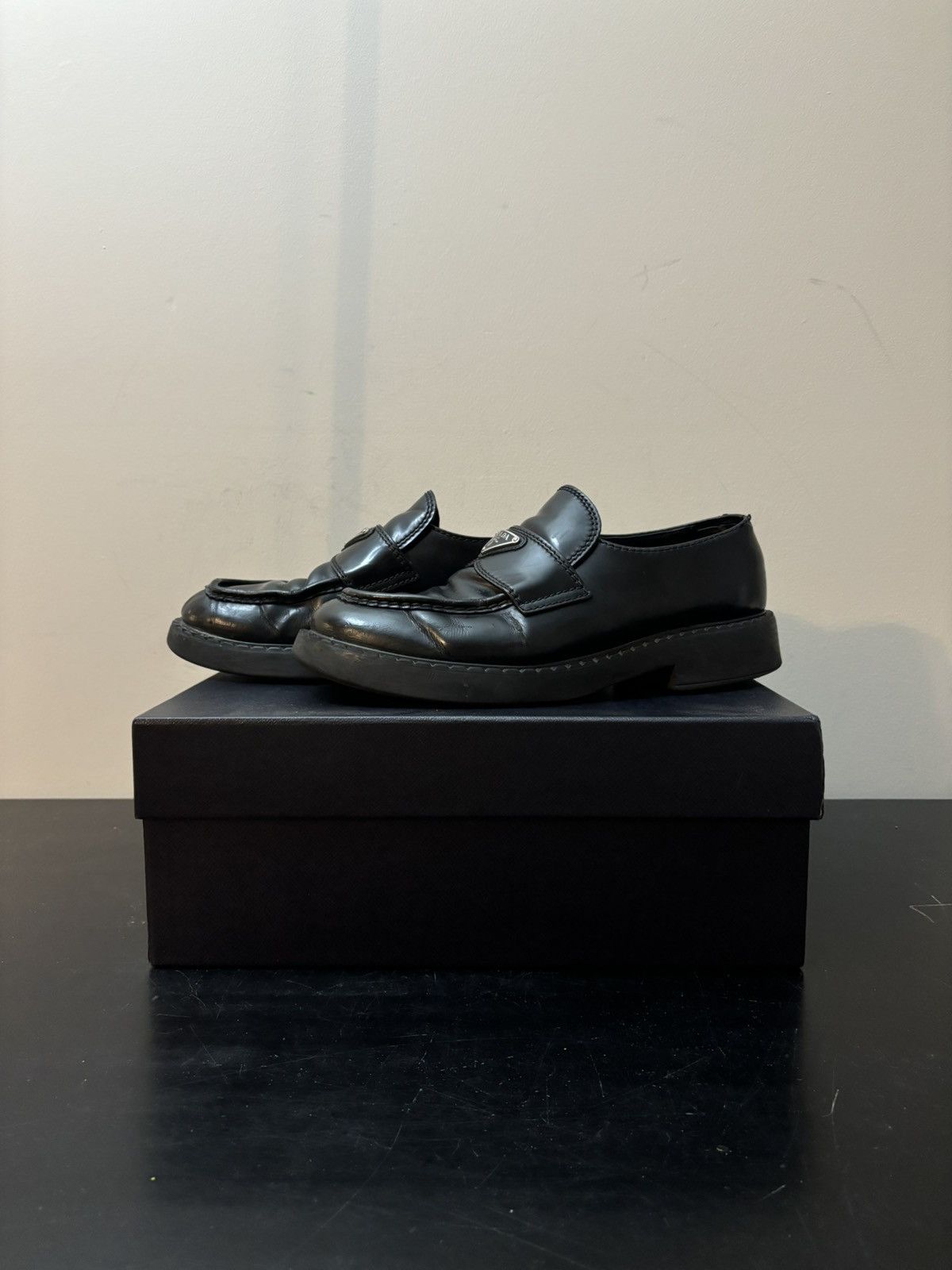 Prada Prada Triangle Logo Chocolate Brushed Patent Leather Loafers Size US 8 / EU 41 - 1 Thumbnail