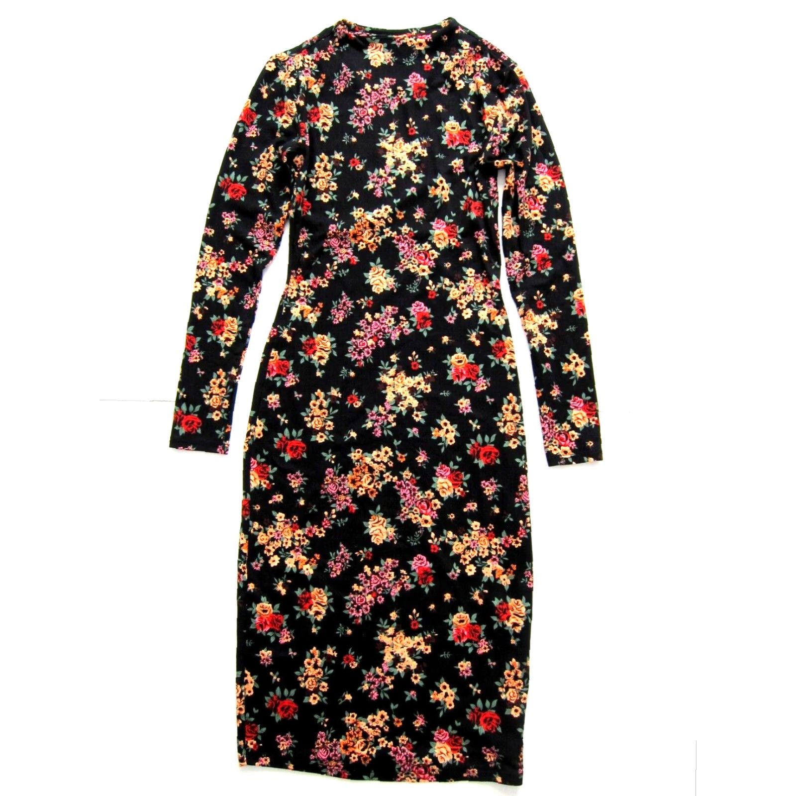 Vintage Haley & June Black Pink Floral Long Sleeve High Neck Stretch Pencil Dress Small Size S / US 4 / IT 40 - 2 Thumbnail