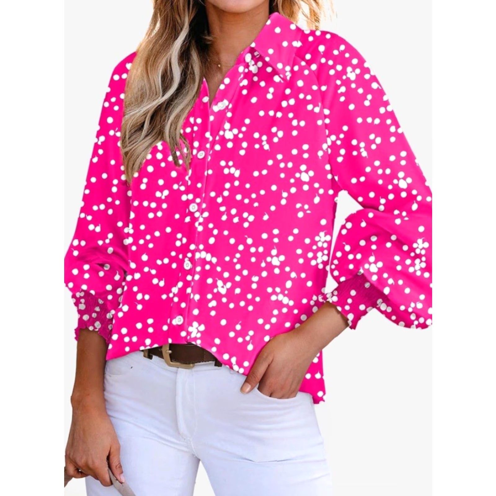 Vintage DOKOTOO Blouse - Womens Casual V Neck Long Sleeve Button Down - Pink - Size L - Polyester - Easy Care - Ruffle - Regular Fit Size L / US 10 / IT 46 - 5 Thumbnail
