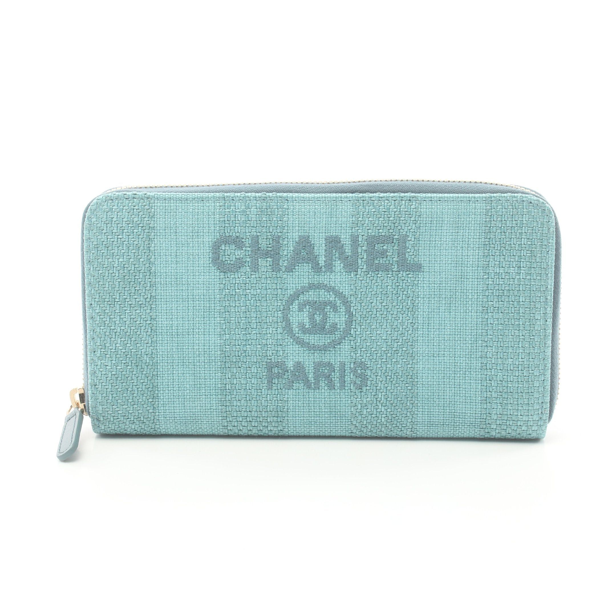 Chanel Chanel Deauville Stripe Round Zipper Long Wallet Fabric Leather Turquoise Blue Gold Hardware Size ONE SIZE - 1 Thumbnail